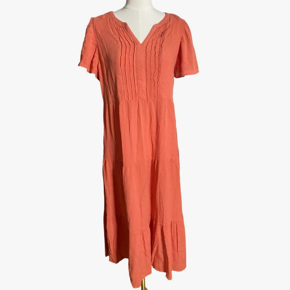 Beach Lunch Lounge Orange Midi Dress L Pleated Pintuck Bodice Flutter Sleeves
